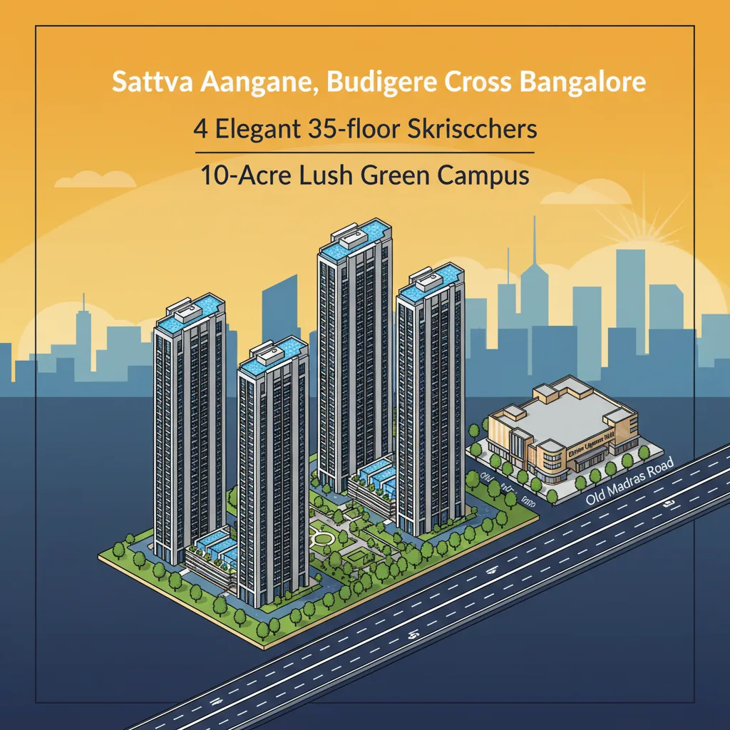 Sattva Aangane residential towers at Budigere Cross, aerial view of four 35-floor skyscrapers on lush green campus