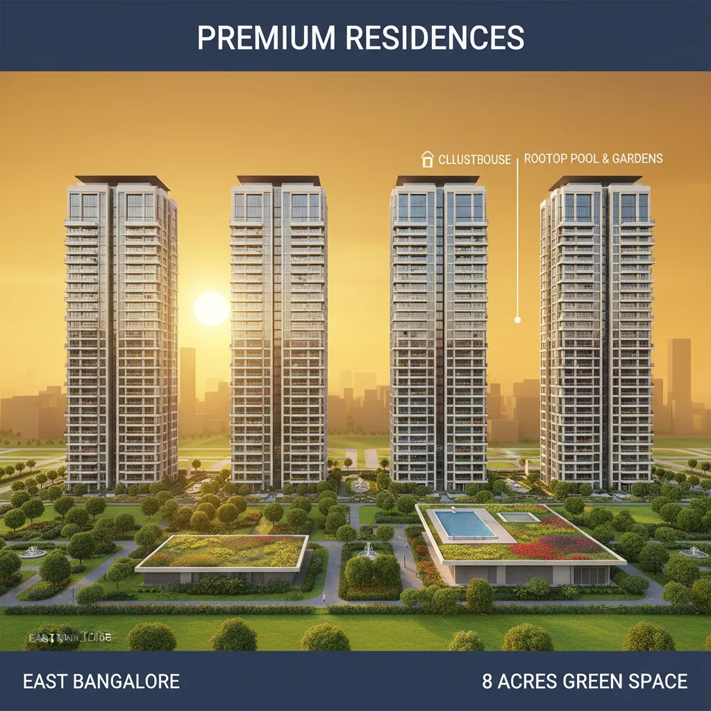 Modern luxury residential high-rise apartment towers at sunset, four elegant glass and concrete skyscrapers with G+35 floors