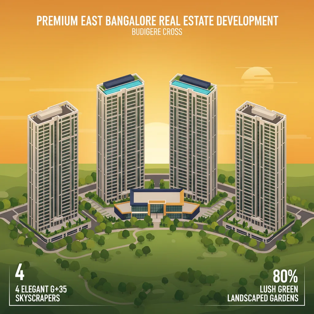 Modern luxury residential high-rise towers at sunset, four elegant G+35 floor skyscrapers surrounded by lush green landscaped gardens at Budigere Cross, East Bangalore